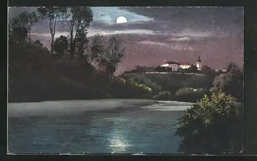 AK Nove Benatky, Blick über den Fluss zum Schloss bei Mondschein