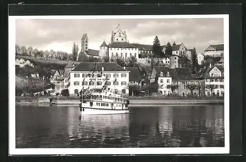 AK Meersburg am Bodensee, Blick zum Hotel Zum Schiff mit Dampfer