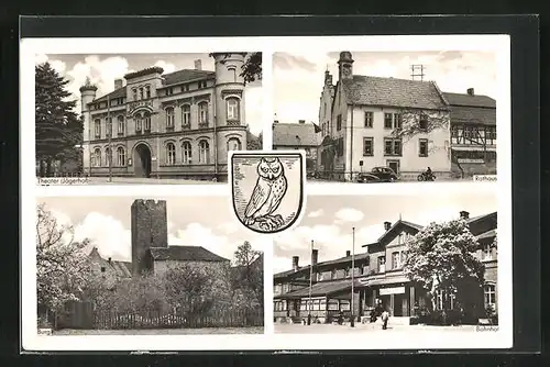AK Oebisfelde, Bahnhof, Rathaus, Theater (Jägerhof), Burg, Wappen
