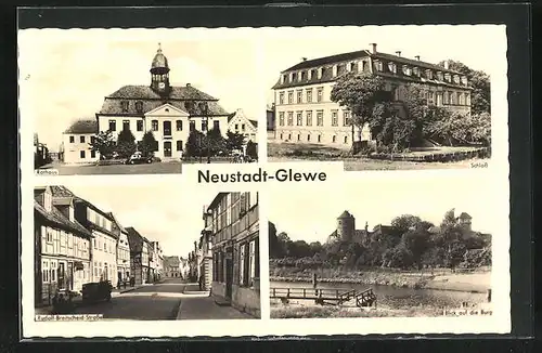 AK Neustadt-Glewe, Rathaus, Schloss, Rudolf-Breitscheid-Strasse, Blick auf die Burg