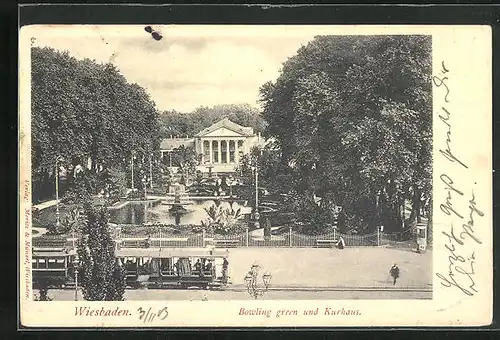 AK Wiesbaden, Bowling green und Kurhaus, Strassenbahn