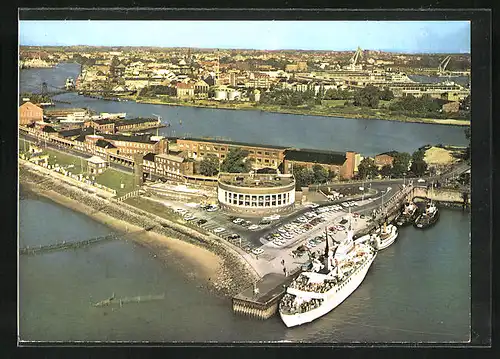 AK Nordseebad Wilhelmshaven, Südstrand mit Strandhalle und M.S. Wilhelmshaven vom Flugzeug aus