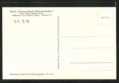 AK Corvey a.d. Weser, Fliegeraufnahme der ehemaligen Benediktiner-Abtei, Hotel Sommerfrische Dreizehnlinden