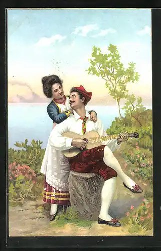 AK Italien, Paar am Ufer in Trachten, Gitarrenspiel