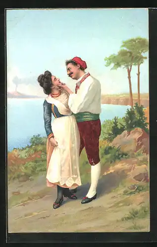 AK Italien, junges Paar in Trachten am Ufer