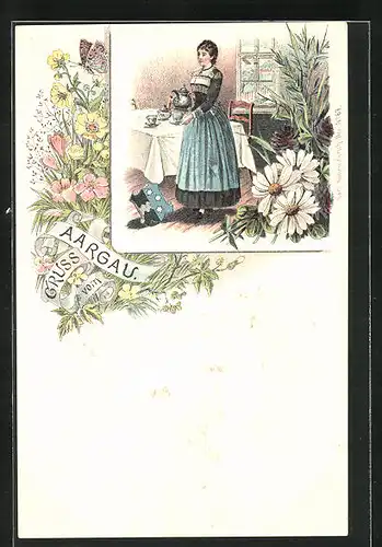 Lithographie Schweiz, Aargau, junge Frau serviert Tee, Wappen und Blumen