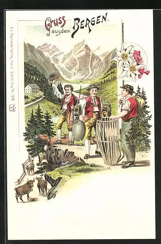 Lithographie Schweiz, Gebirgspanorama, Herrenband mit Instrumenten in Trachten