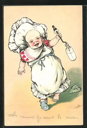 Lithographie Kinder, Baby im weissen Kleid mit einer Milchflasche