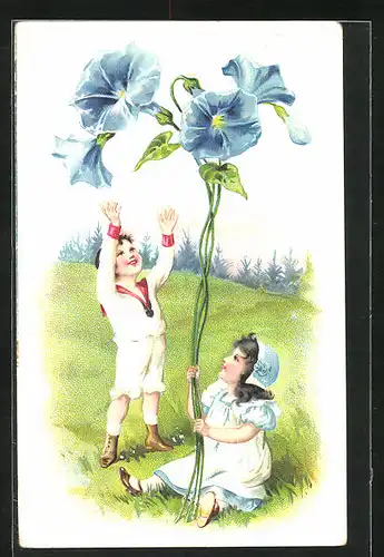 Präge-Lithographie Kinder, auf der Wiese mit einer übergrossen Blume