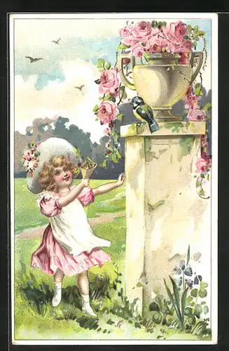 Präge-Lithographie Kinder, kleines Mädchen im rosafarbenen Kleid mit eine Blumenvase im Park