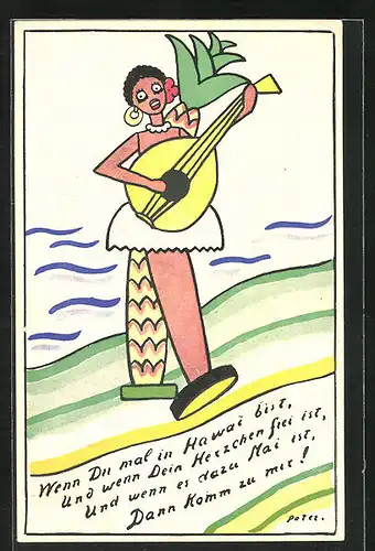 Künstler-AK Holzspielzeug, Hawaiianische Musikerin