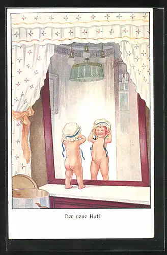Künstler-AK H. Zahl: nacktes Baby setzt sich einen Hut auf, der Blick in einen Spiegel