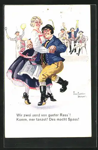 Künstler-AK Hans Boettcher: Mann und Frau in Trachtenkleidern tanzen zur Musik einer Band