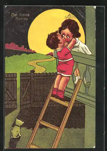 Künstler-AK Kinder, der kleine Romeo, Junge klettert auf einen Balkon und küsst ein Mädchen