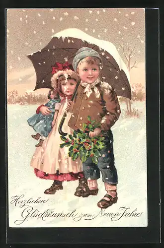 Künstler-AK Kinder, Junge und Mädchen spazieren durch den Schnee