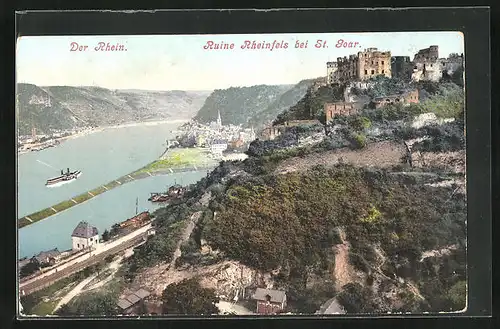 AK St. Goar, Blick auf den Rhein und die Ruine Rheinfels