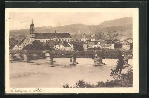 AK Säckingen a. Rhein, Blick auf die Brücke und die Kirche