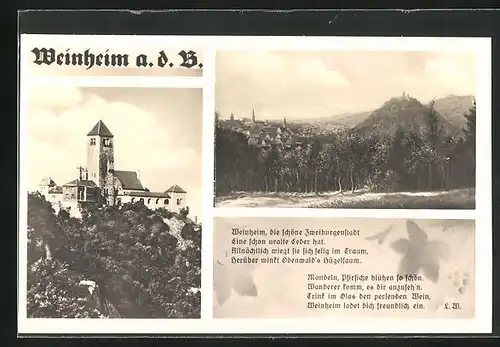 AK Weinheim a.d.Bergstr., Ortstotale mit Blick zur Burgruine Windeck, die Wachenburg