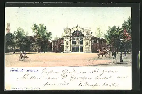 AK Karlsruhe, Pferdekutsche vor der Festhalle