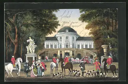 AK Stuttgart, Schloss Solitude, Herzog zu Pferd mit den Jagdhunden