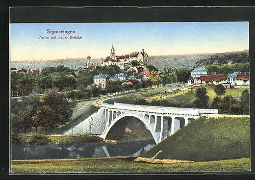 AK Sigmaringen, Partie mit neuer Brücke, Blick zum Schloss