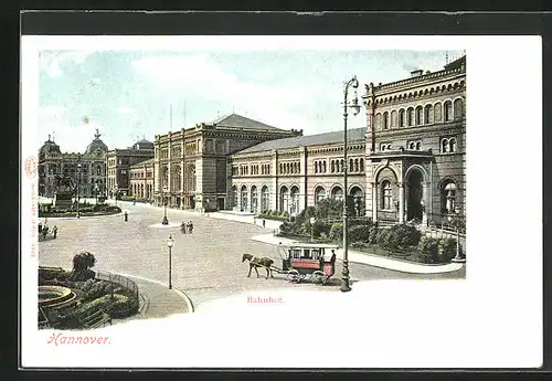 Lithographie Hannover, Vorplatz mit Reiterdenkmal vor dem Bahnhof