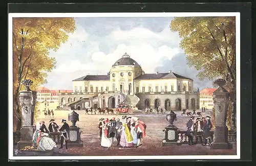 Künstler-AK Stuttgart, Schloss Solitude, Passanten auf dem Vorplatz
