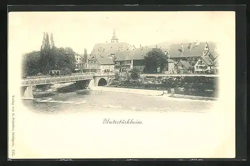 AK Untertürkheim, Partie an der Brücke über den Fluss, Blick zum Rathaus