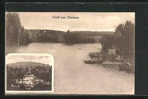 AK Ebnisee, Gasthaus am Ufer, Ruderboote auf dem See