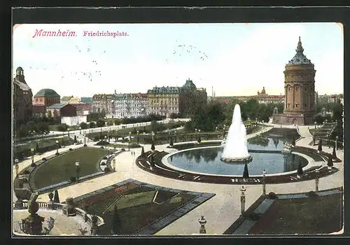 AK Mannheim, Wasserspiel auf dem Friedrichsplatz