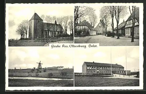 AK Grube in Holstein, an der Kirche, an den Fachwerkhäusern, die Windmühle