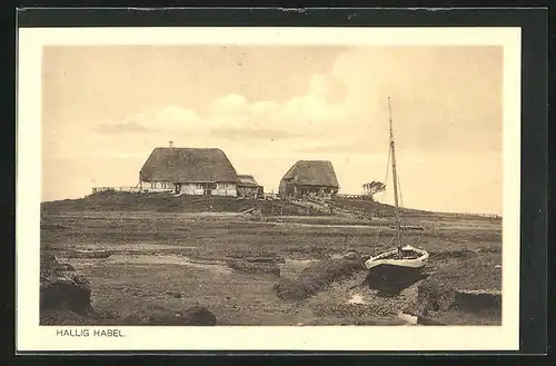 AK Hallig Habel, Bauernhäuser am Strand, kleines Boot auf dem Watt