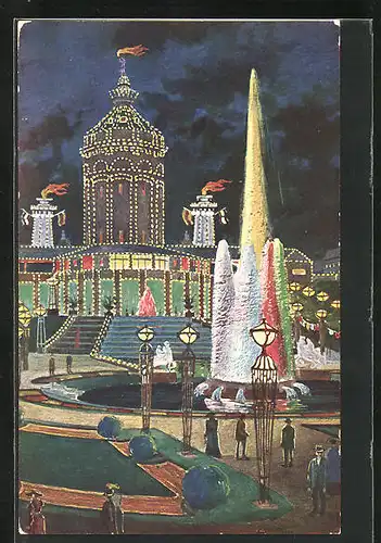 Künstler-AK Mannheim, am Wasserturm mit der Leuchtfontaine