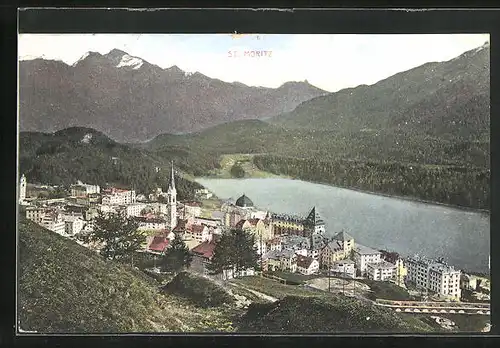 AK St. Moritz, Blick auf den Ort am Ufer