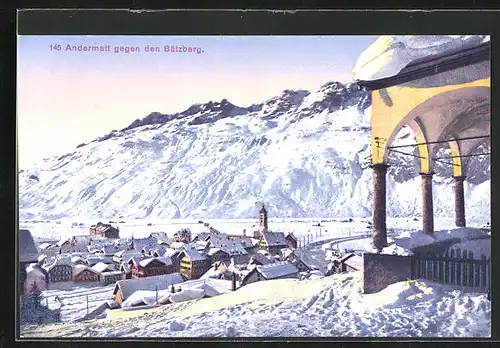 AK Andermatt, der eingeschneite Ort mit Blick gegen den Bätzberg