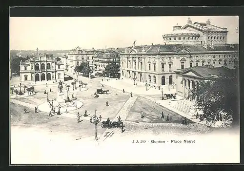AK Geneve, Place Neuve, Passanten am Reiterdenkmal