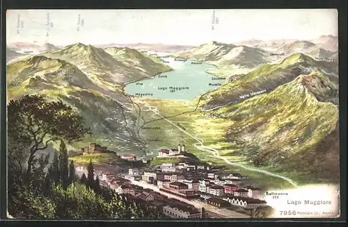 AK Bellinzona, Ortstotale mit dem lago Maggiore, Gebirgsblick