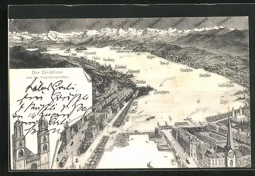 AK Zürich, Stadttotale mit dem Zürichsee, an der Kirche, Gebirgsblick