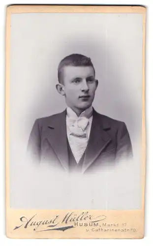 Fotografie August Müller, Husum, Markt 17, Portrait junger Herr im edlen Anzug mit Krawattentuch