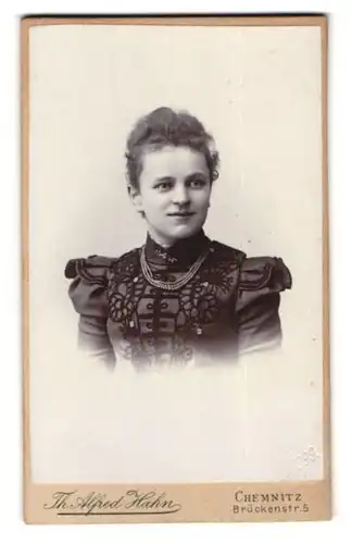 Fotografie Th. Alfred Hahn, Chemnitz, Brückenstr. 5, Portrait freundliche Dame in edler Bluse