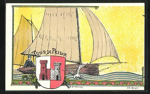 Künstler-AK La Tour-de-Peilz, Segelboot und Wappen