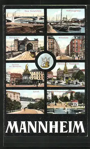 AK Mannheim, Neue Neckarbrücke, Mittelstrasse, Heidelbergerstrasse, Denkmal am Paradeplatz