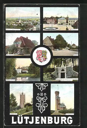 AK Lütjenburg, Marktplatz, Howacht, Bismarckturm, Schloss Panker