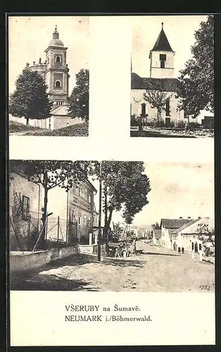 AK Neumark, Strassenpartie mit Kirche und Gasthaus