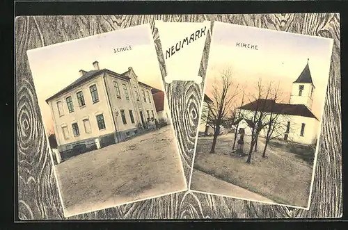 AK Neumark, Strassenpartie mit Schule und Kirche