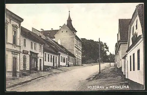 AK Merklin, Strassenpartie mit Läden und Häusern