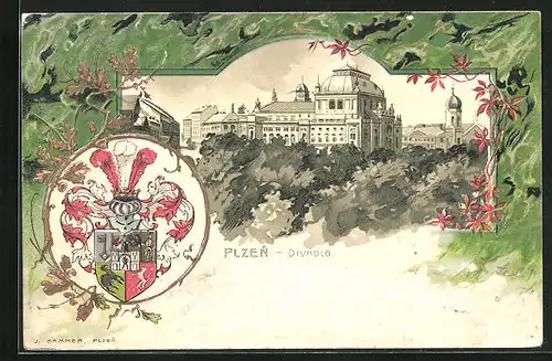 Lithographie Pilsen, Blick auf das Theater, Divadlo
