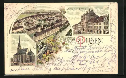 Lithographie Pilsen, Domkriche, Marktseite mit Rathaus und Bräuhaus