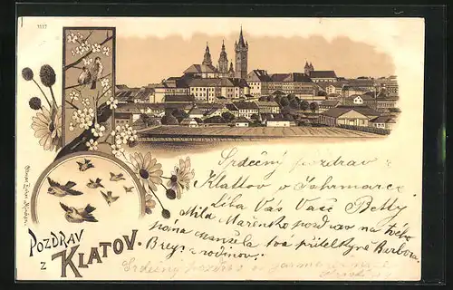 Lithographie Klatov, Panoramablick auf die Stadt