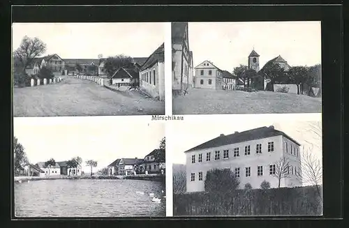 AK Mirschikau, Dorfweiher, Strassenpartie, Kirche